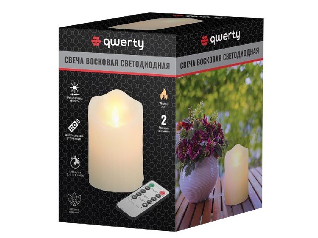 QWERTY Свеча светодиодная многофункциональная, воск, 7,5*11,5 см, без батарейки, с пультом ДУ /60	